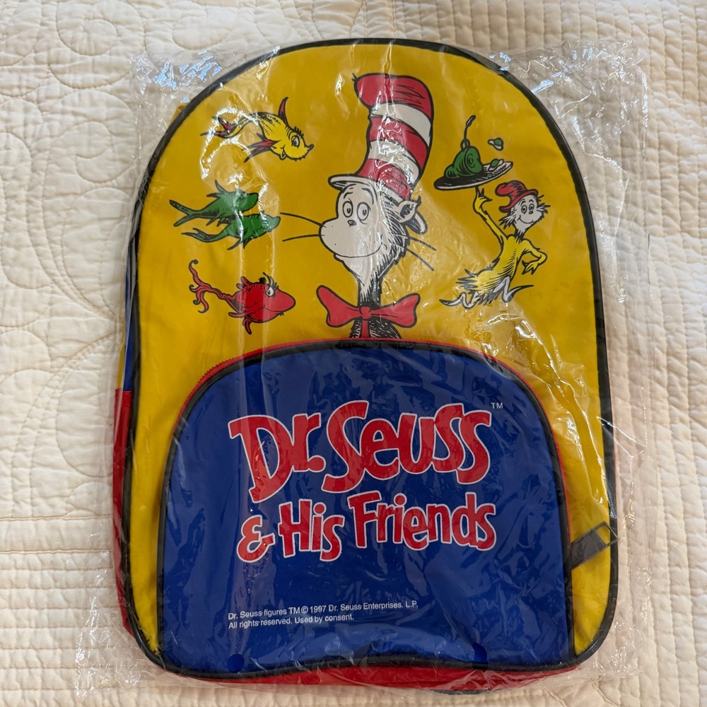 Vintage 1997 Dr Seuss and His Friends Cat in the Hat Kids Backpack Yellow Blue